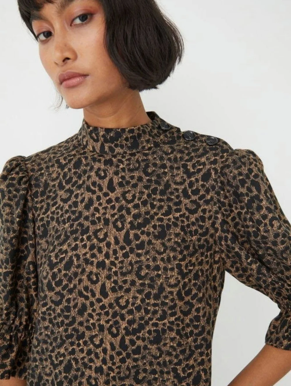 & Other Stories Leopard Print Mini Dress Size 4 Puff Sleeve High Neck - Picture 2 of 14